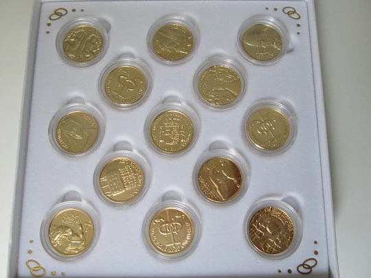 Thirteen coins set. Biblical Arras. 24k gold plated metal. Box. 1990's