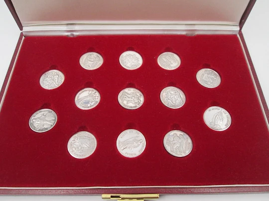 Thirteen wedding arras boxed. 925 sterling silver. Coins with biblical motifs. 1990's