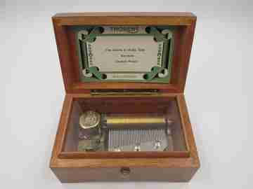 Thorens 3 song swiss wind-up mechanism music box. Wood and metal. 1960's