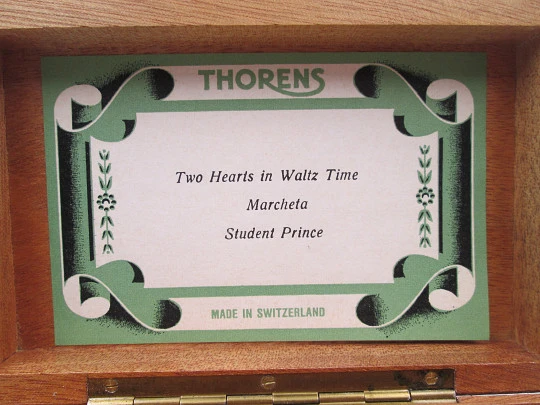 Thorens 3 song swiss wind-up mechanism music box. Wood and metal. 1960's