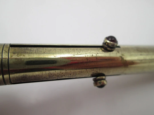 Three barrel victorian mechanical pencil. Gold plated metal and coloured stones. UK. 1890's