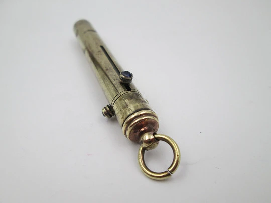 Three barrel victorian mechanical pencil. Gold plated metal and coloured stones. UK. 1890's