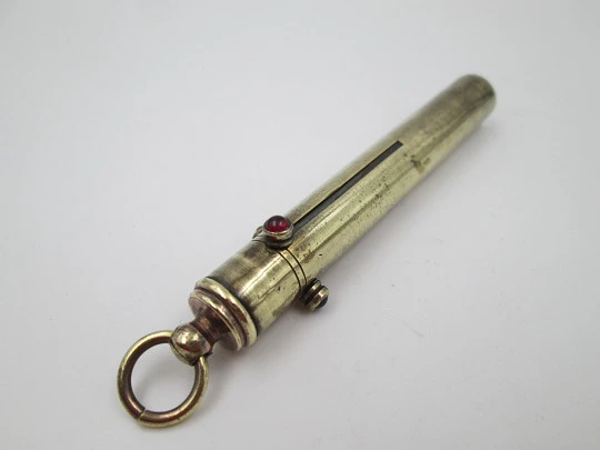 Three barrel victorian mechanical pencil. Gold plated metal and coloured stones. UK. 1890's