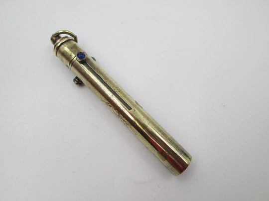 Three barrel victorian mechanical pencil. Gold plated metal and coloured stones. UK. 1890's