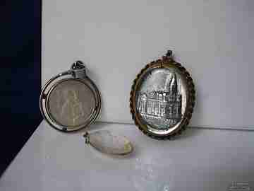 Three medals. Crystal and Pearl. Metal and silver. Virgin and Saints