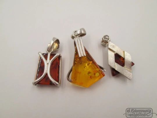 Three pendants collection. Sterling silver and amber stones