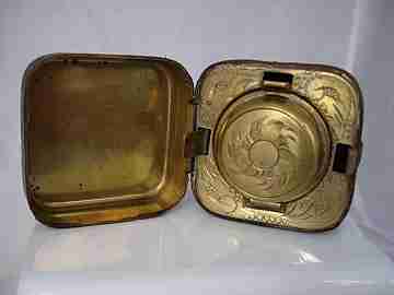 Tintero de viaje. Bronce. Piel marrón. 1920. Marca Juk