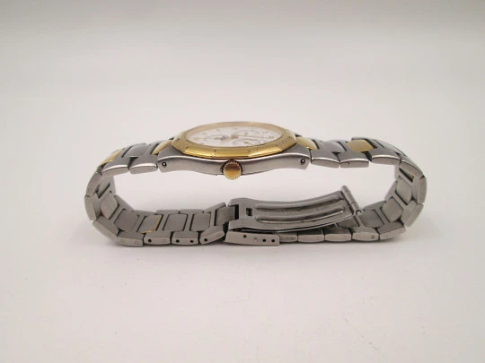 Tissot PRX quartz. Stainless steel & gold plated. Triple pointer date and Moon phase