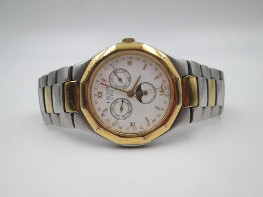 Tissot PRX quartz. Stainless steel & gold plated. Triple pointer date and Moon phase