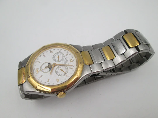 Tissot PRX quartz. Stainless steel & gold plated. Triple pointer date and Moon phase