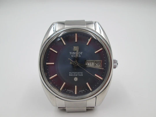 Tissot Seastar. Automático. Acero. Calendario. Brazalete. Dial azul. 1970