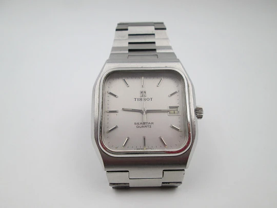 Tissot Seastar. Stainless steel. Quartz. Square case. Calendar. Bracelet. 1980's