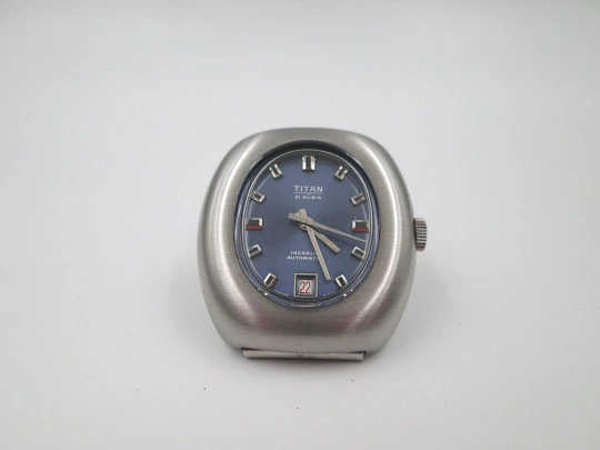 Titan. Acero inoxidable. Automático. Brazalete. Dial azul. Calendario. Estuche. 1970. Suiza