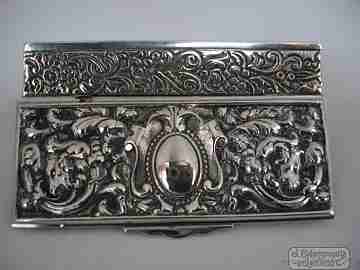 Toothpick case. Sterling silver and vermeil. Animal heads
