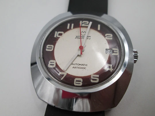Tormas. Steel & chromed metal. Elliptical case. Automatic. Calendar. Bitone dial. 1970's