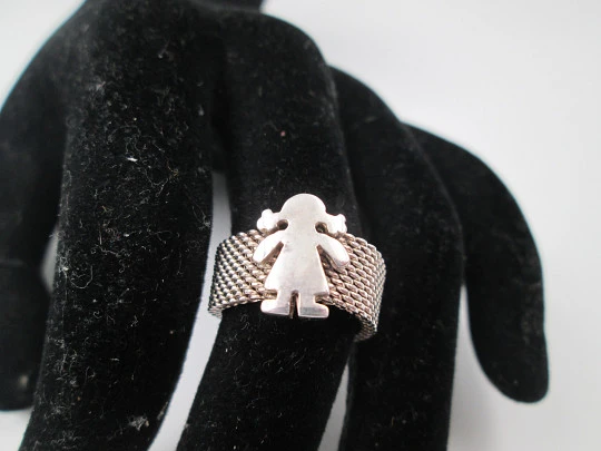 Tous jewelry women's ring. Sterling silver mesh and girl motif on front. Spain. 2015's Tous jewelry women's ring. Sterling silver mesh and girl motif on front. Spain. 2015's