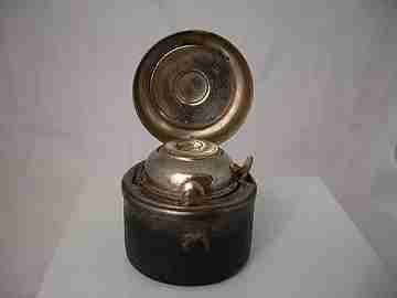 Travel inkwell. Black leather. Silver metal. Glass. 1930's