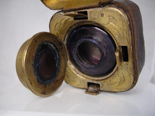 Travel inkwell. Brown leather. Bronze. Glass. Brand Juk. 1920's