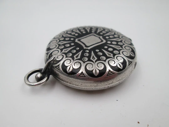 Travel rosary box. Silver plated metal and black enamel. Floral & geometric motifs