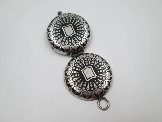 Travel rosary box. Silver plated metal and black enamel. Floral & geometric motifs