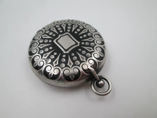 Travel rosary box. Silver plated metal and black enamel. Floral & geometric motifs