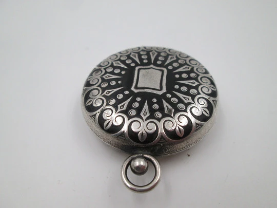 Travel rosary box. Silver plated metal and black enamel. Floral & geometric motifs