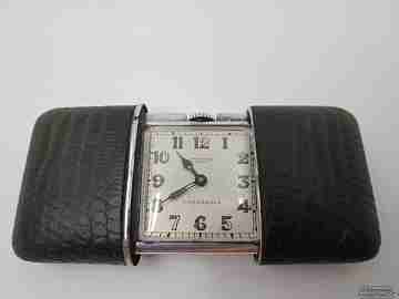 Travel watch Movado Carassale. 935 silver. Manual wind. Leather case. 1950's