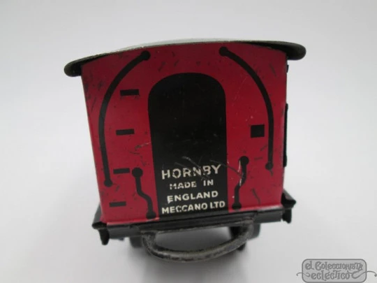 Tren mecánico de hojalata Hornby. 1930. Vías y vagones. Reino Unido. Caja