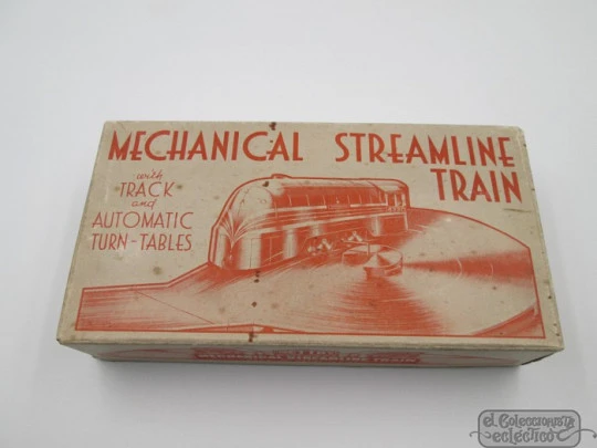 Tren mecánico de hojalata Streamline. Mettoy. 1940. Reino Unido. Caja