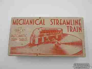 Tren mecánico de hojalata Streamline. Mettoy. 1940. Reino Unido. Caja