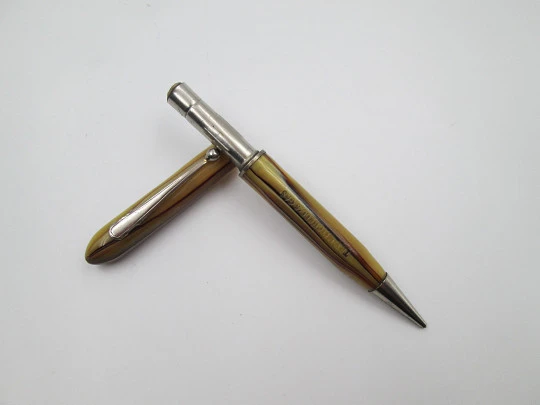 Try Mitchell's Gas advertising mechanical pencil. Marble celluloid. Twist system. 1930's