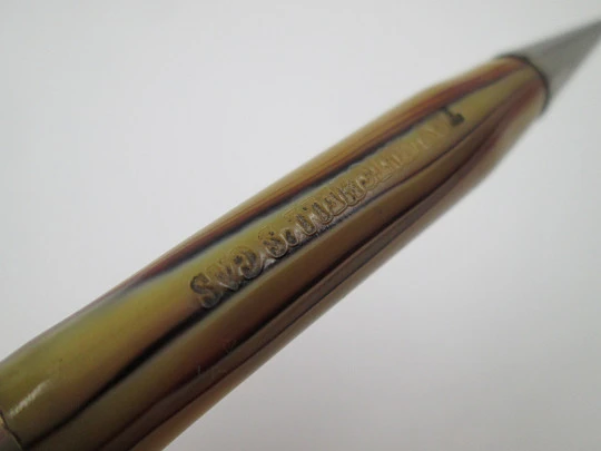 Try Mitchell's Gas advertising mechanical pencil. Marble celluloid. Twist system. 1930's