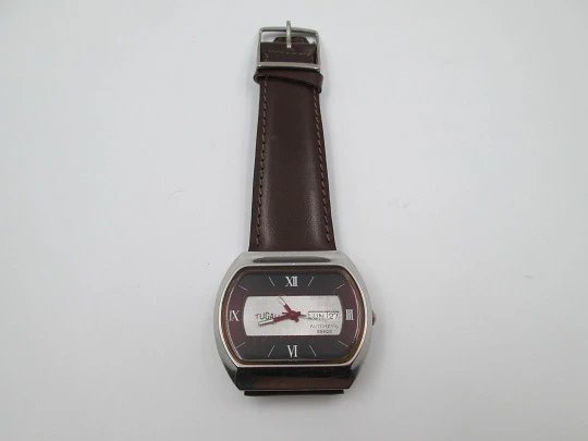 Tucah Acali 28800. Stainless steel. Automatic. Date & day. 1970's. Swiss