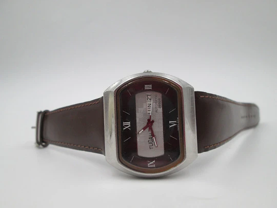 Tucah Acali 28800. Stainless steel. Automatic. Date & day. 1970's. Swiss