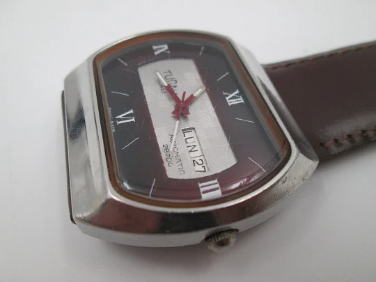 Tucah Acali 28800. Stainless steel. Automatic. Date & day. 1970's. Swiss