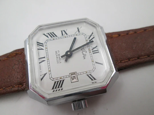 Tucah women's wristwatch. Chromed metal and steel. Manual wind. 1970's. Swiss