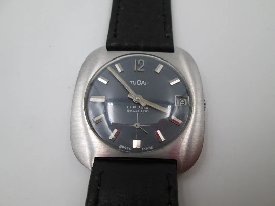 Tucah. Nickel plated metal & steel. Manual wind. Calendar. Blue dial. 1970's