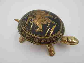 Turtle desk bell. Bronze, blued iron and gold. Wind-up. Damascened. 1960's