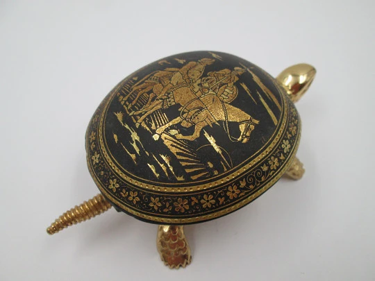 Turtle desk bell. Bronze, blued iron and gold. Wind-up. Damascened. 1960's