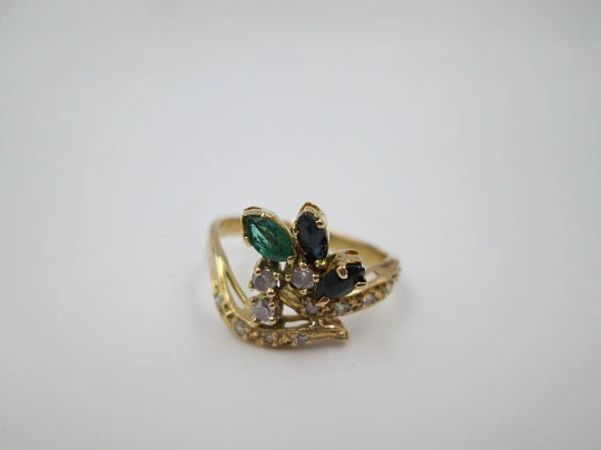 Tutti Frutti women's ring. 18k gold. Diamonds, emerald & sapphires. 1980's