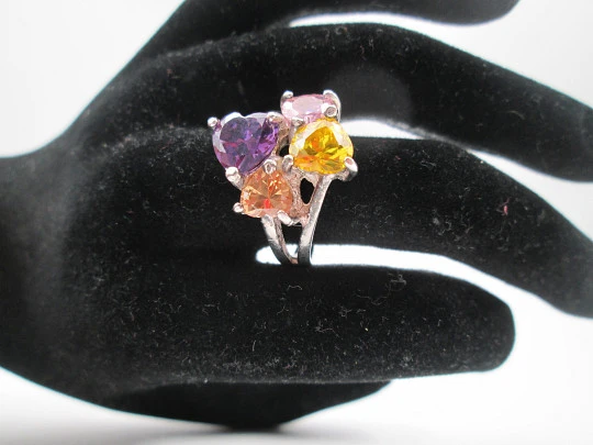 Tutti Frutti women's ring. 925 sterling silver and colour heart gems. Spain. 1990's
