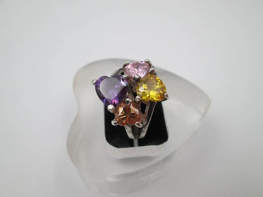 Tutti Frutti women's ring. 925 sterling silver and colour heart gems. Spain. 1990's