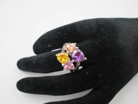 Tutti Frutti women's ring. 925 sterling silver and colour heart gems. Spain. 1990's