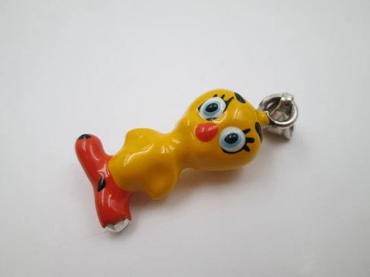 Tweety women's pendant. Sterling silver and colours enamel. Ring top. 1990's