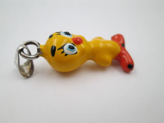 Tweety women's pendant. Sterling silver and colours enamel. Ring top. 1990's