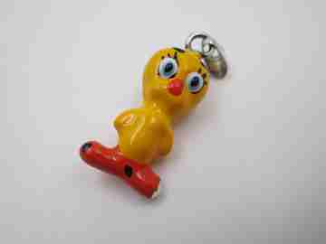 Tweety women's pendant. Sterling silver and colours enamel. Ring top. 1990's