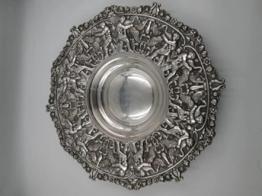 Two bread trays. Silver metal. Openwork edges & ornate motifs