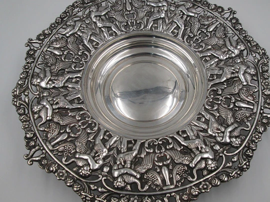 Two bread trays. Silver metal. Openwork edges & ornate motifs