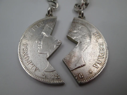 Two keychains. 900 sterling silver. King Alfonso XII. Divided 5 pesetas coin