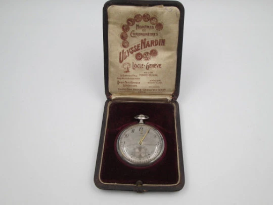 Ulysse Nardin open-face pocket watch. 900 sterling silver. Stem-wind. Original box. 1920's